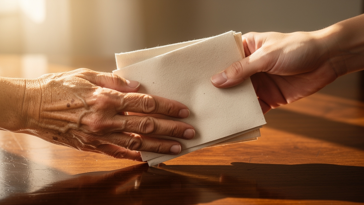 Older and younger hands holding estate planning document together