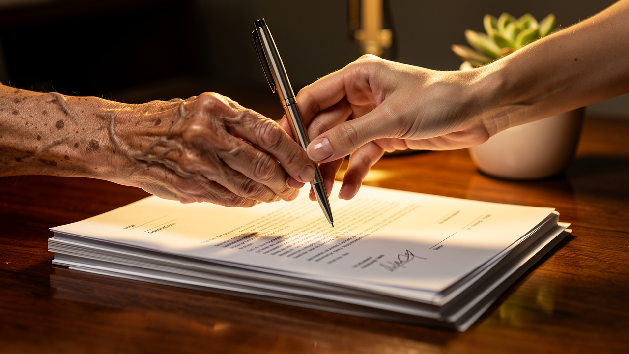 Elderly and younger hands signing Medicaid planning documents