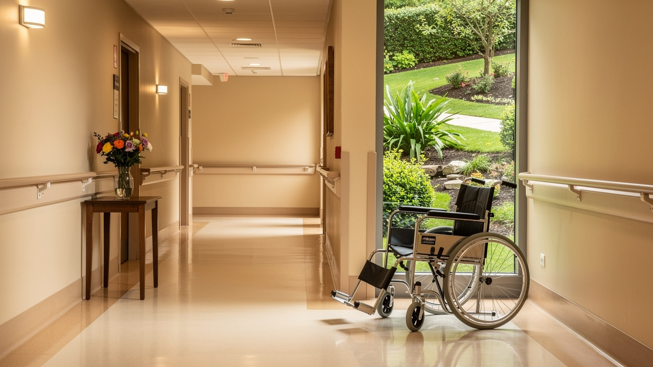 Quiet nursing home hallway with wheelchair near window